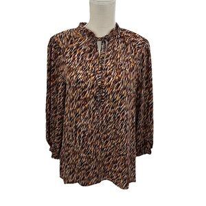 NWT CeCe Tie Neck Blouse Womens Small Relaxed Long Puff Sleeves Tan Brown Preppy